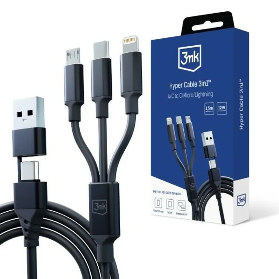 ⁨3MK Hyper Cable 3w1 USB-A/USB-C -USB-C/Micro/Lightning 1.5m Czarny/Black Kabel⁩ w sklepie Wasserman.eu