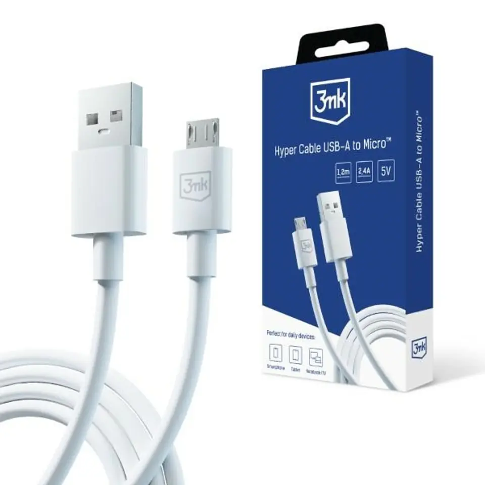 ⁨3MK Hyper Cable USB-A - Micro USB1.2m 5V 2,4A Biały/White Kabel⁩ w sklepie Wasserman.eu