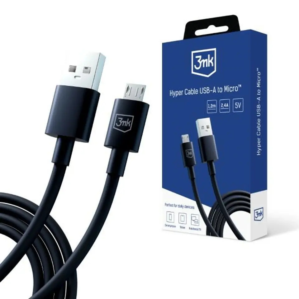 ⁨3MK Hyper Cable USB-A - Micro USB1.2m 5V 2,4A Czarny/Black Kabel⁩ w sklepie Wasserman.eu