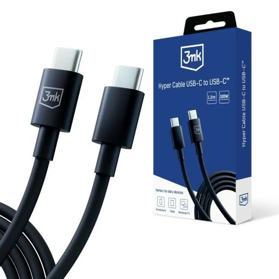 ⁨3MK Hyper Cable USB-C - USB-C 100W1.2m Czarny/Black Kabel⁩ w sklepie Wasserman.eu