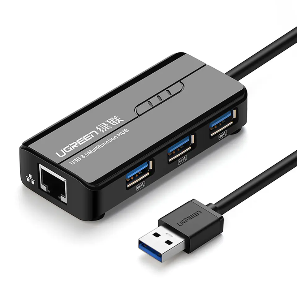 ⁨HUB Adapter sieciowy USB-A - RJ45 1000 Mbps / 3x USB 3.0 czarny⁩ w sklepie Wasserman.eu