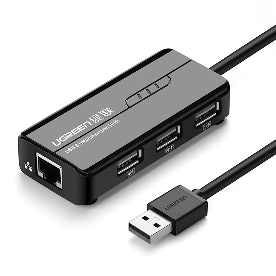 ⁨HUB Adapter sieciowy USB-A - RJ45 10/100 Mbps / 3x USB 3.0 czarny⁩ w sklepie Wasserman.eu