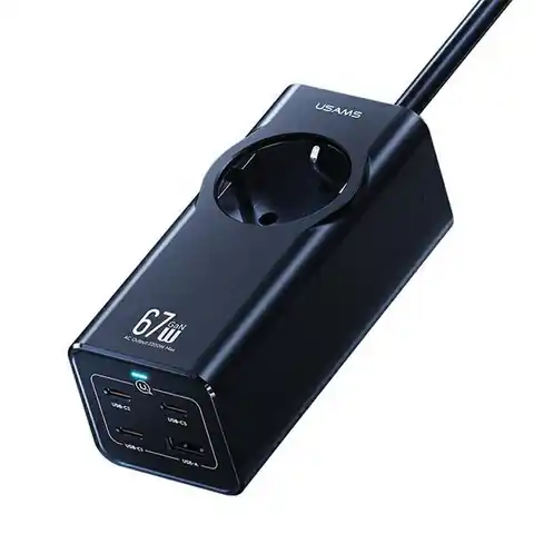 ⁨USAMS Listwa zasilająca 67W 3x USB-C + USB Fast Charging Extension Cable EU czarny/black CC225TC01 (US-CC225)⁩ w sklepie Wasserman.eu