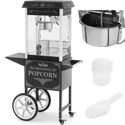 ⁨Profesjonalna maszyna do popcornu na wózku z oświetleniem RETRO 88 l 1600 W czarna⁩ w sklepie Wasserman.eu