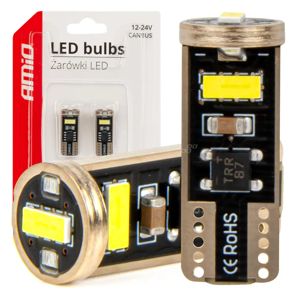 ⁨Żarówki led canbus t10e w5w 3x2055 smd white 12v 24v amio-03720⁩ w sklepie Wasserman.eu