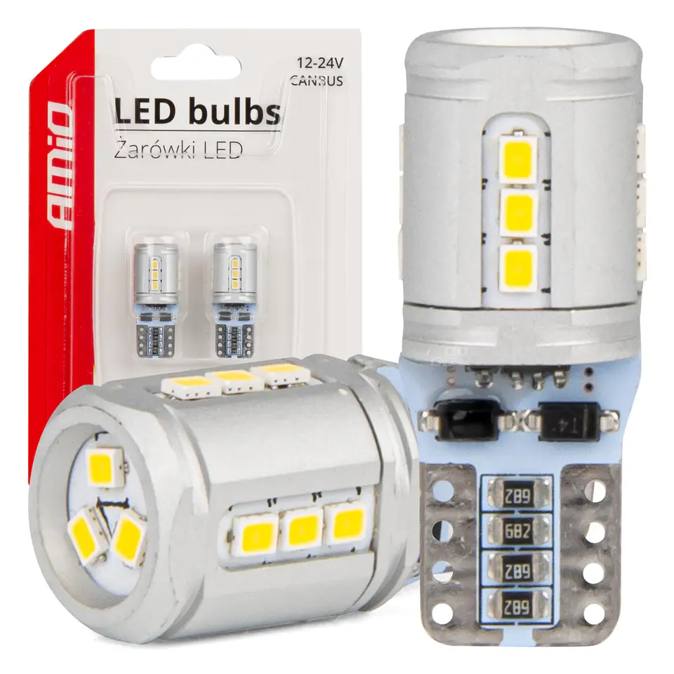 ⁨Żarówki led canbus t10e w5w 15x2016 smd white 12v 24v amio-03723⁩ w sklepie Wasserman.eu