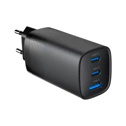 ⁨Gembird TA-UC-PDQC65-01-BK 3-port 65 W GaN USB PowerDelivery fast charger, black⁩ at Wasserman.eu
