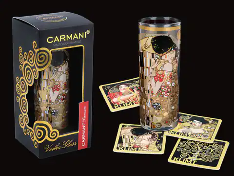 ⁨Kieliszek do wódki - G. Klimt. Pocałunek (CARMANI) + komplet 4 podkładek korkowych⁩ w sklepie Wasserman.eu