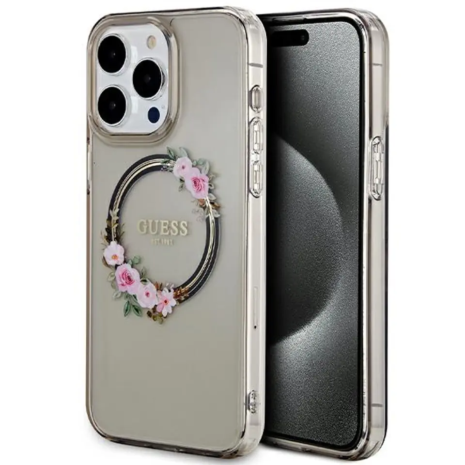 ⁨Guess GUHMP15XHFWFCK iPhone 15 Pro Max 6.7" czarny/black hardcase IML Flowers Wreatch MagSafe⁩ w sklepie Wasserman.eu