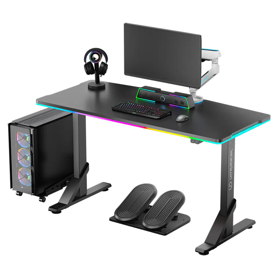 ⁨ULTRADESK Biurko dla gracza IRON BLACK, 132,5x60,5 cm, 71-81  cm, mechaniczna regulacja wysokości⁩ w sklepie Wasserman.eu