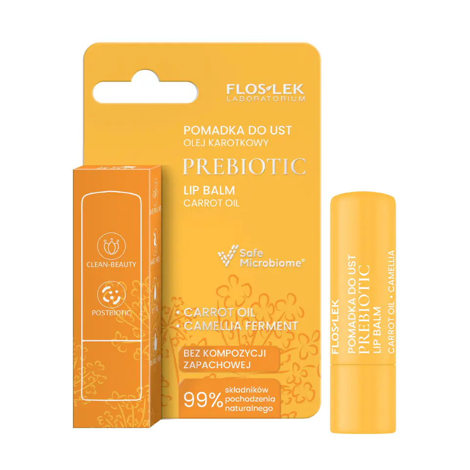 ⁨FLOSLEK Prebiotic Lip Care Prebiotyczna pomadka do ust olej karotkowy 4 g⁩ w sklepie Wasserman.eu