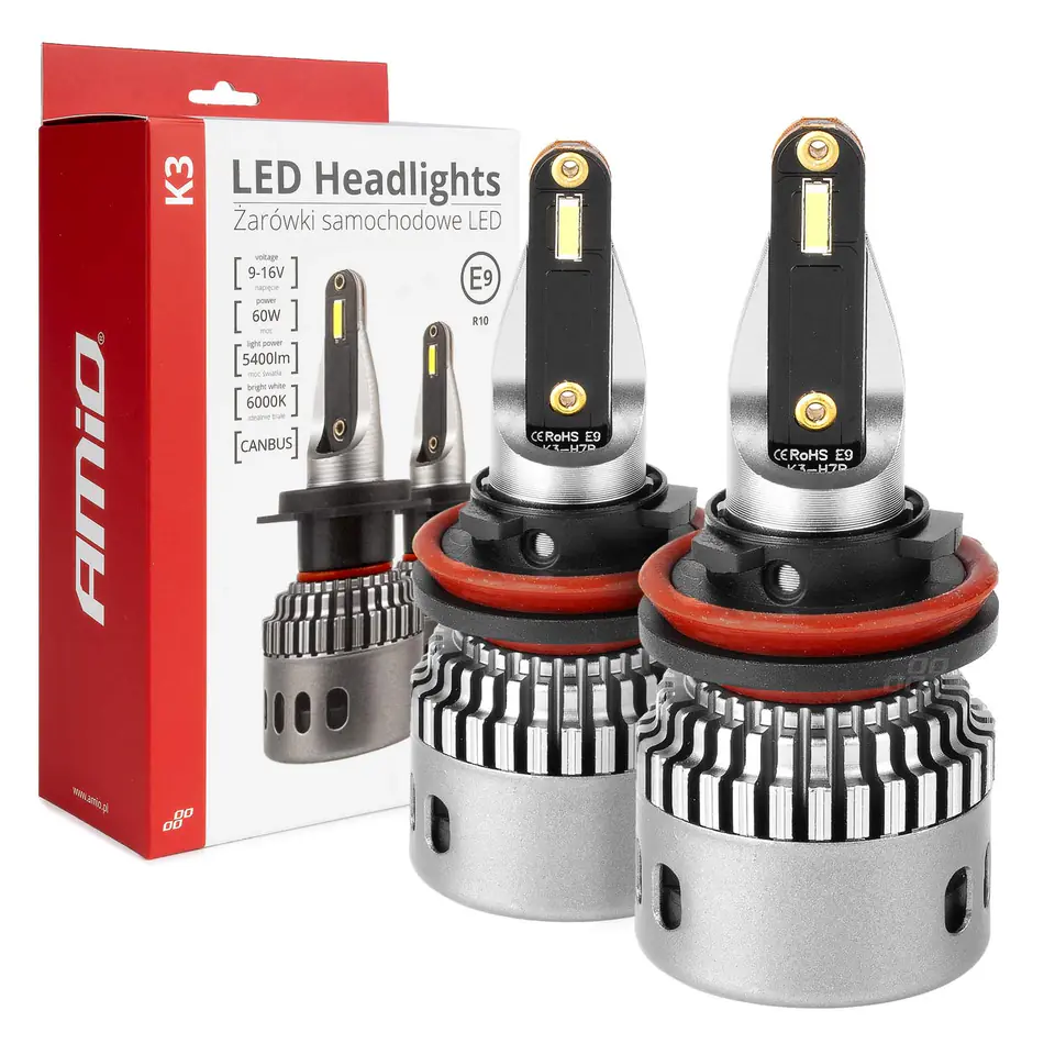 ⁨Żarówki samochodowe led seria k3 h8 h9 h11 h16 12v 6000k canbus amio-03686⁩ w sklepie Wasserman.eu