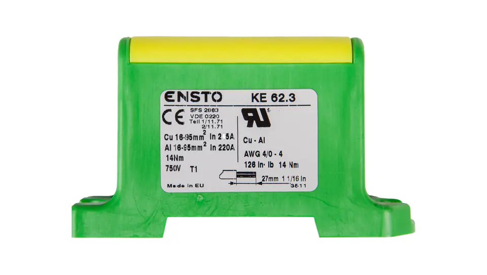 ⁨Złączka szynowa 2-przewodowa 16-95mm2 zielono-żółta KE62.3⁩ w sklepie Wasserman.eu
