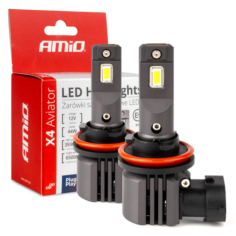 ⁨Żarówki samochodowe led seria x4 aviator h8 h9 h11 h16 6500k canbus amio-03765⁩ w sklepie Wasserman.eu