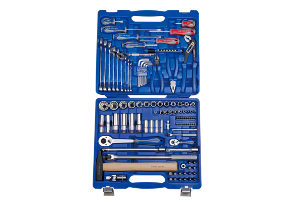 ⁨ZESTAW NASADEK 1/4"+ 1/2" 110cz. 5 -30mm 6-kąt. Z AKCESORIAMI, CHROM+NARZĘDZIA UNIWERSALNE W WALIZCE PLAST. King Tony⁩ w sklepie Wasserman.eu