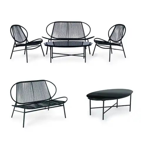 ⁨Komplet mebli ogrodowych z rattanu metalu krzesła ławka i stolik czarny⁩ w sklepie Wasserman.eu
