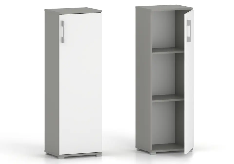 ⁨Regał do biura komoda Pola 1D 110 x 30 cm Szary z białymi drzwiami⁩ w sklepie Wasserman.eu