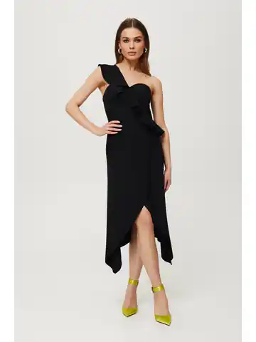 ⁨K185 Sukienka z falbaną na jedno ramię - czarna (kolor czarny, rozmiar XL)⁩ w sklepie Wasserman.eu