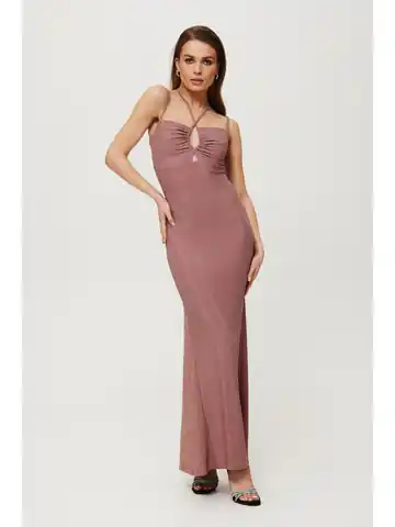 ⁨K188 Metaliczna sukienka maxi z wiązaniem w dekolcie - pudrowa (kolor pudrowy róż, rozmiar L)⁩ w sklepie Wasserman.eu
