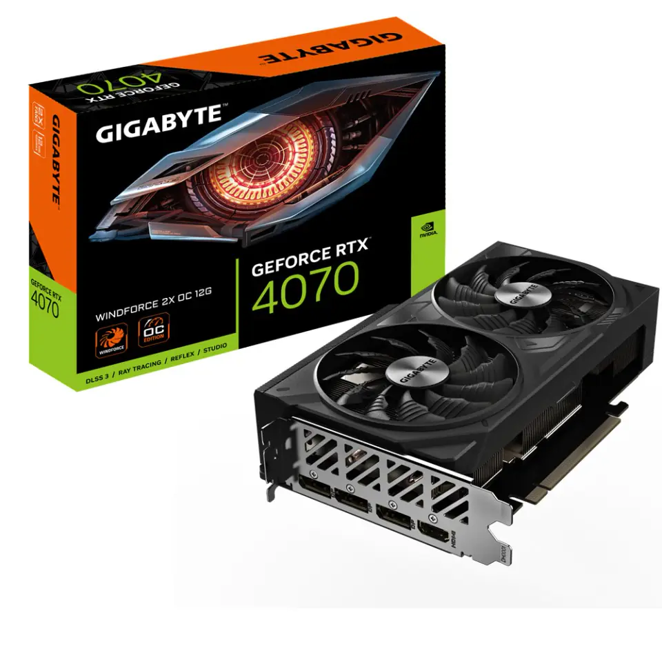 ⁨Gigabyte GeForce RTX 4070 WINDFORCE 2X OC 12G Graphics Card - 12GB GDDR6X, 192bit, PCI-E 4.0, 2490MHz Core Clock, 3 x DisplayPort 1.4a, 1 x HDMI 2.1a, NVIDIA DLSS 3, GV-N4070WF2OC-12GD⁩ at Wasserman.eu