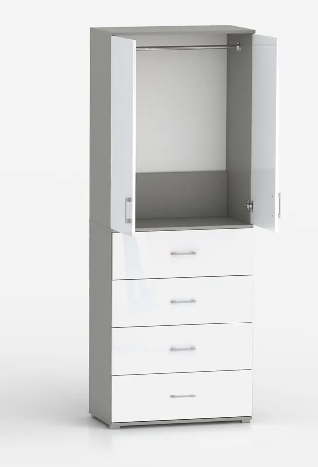 Szafa na ubrania z drążkiem Pola 215 - 4 szuflady 60 / 70 / 80 cm szara z frontami w połysku w sklepie Wasserman.eu