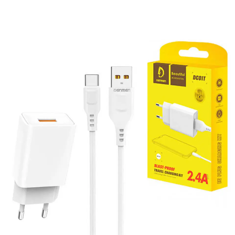 ⁨Ładowarka Sieciowa 12W 2.4A + Kabel USB - USB-C Denmen DC01 biała⁩ w sklepie Wasserman.eu