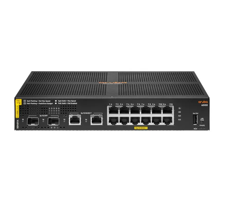 ⁨Aruba 6000 12G Class4 PoE 2G/2SFP 139W Managed L3 Gigabit Ethernet (10/100/1000) Power over Ethernet (PoE) 1U⁩ at Wasserman.eu