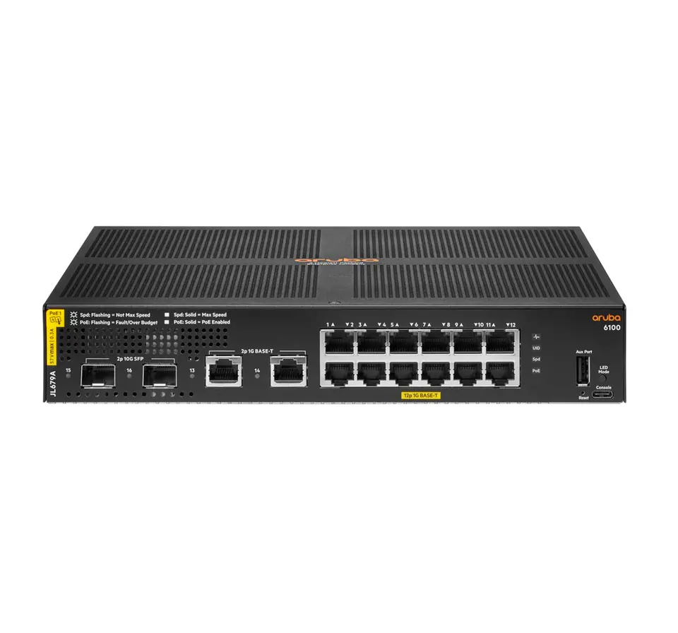 ⁨HPE Aruba Networking 6100 12G Class4 PoE 2G/2SFP+ 139W Managed L3 Gigabit Ethernet (10/100/1000) Power over Ethernet (PoE) 1U Black⁩ at Wasserman.eu