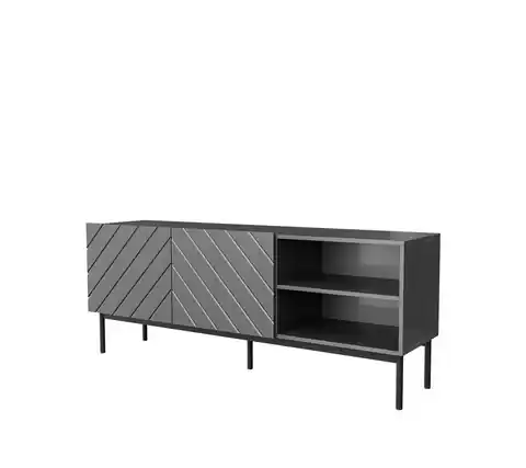⁨ABETO RTV cabinet on black steel frame 150x42x60 cm graphite/glossy graphite⁩ at Wasserman.eu