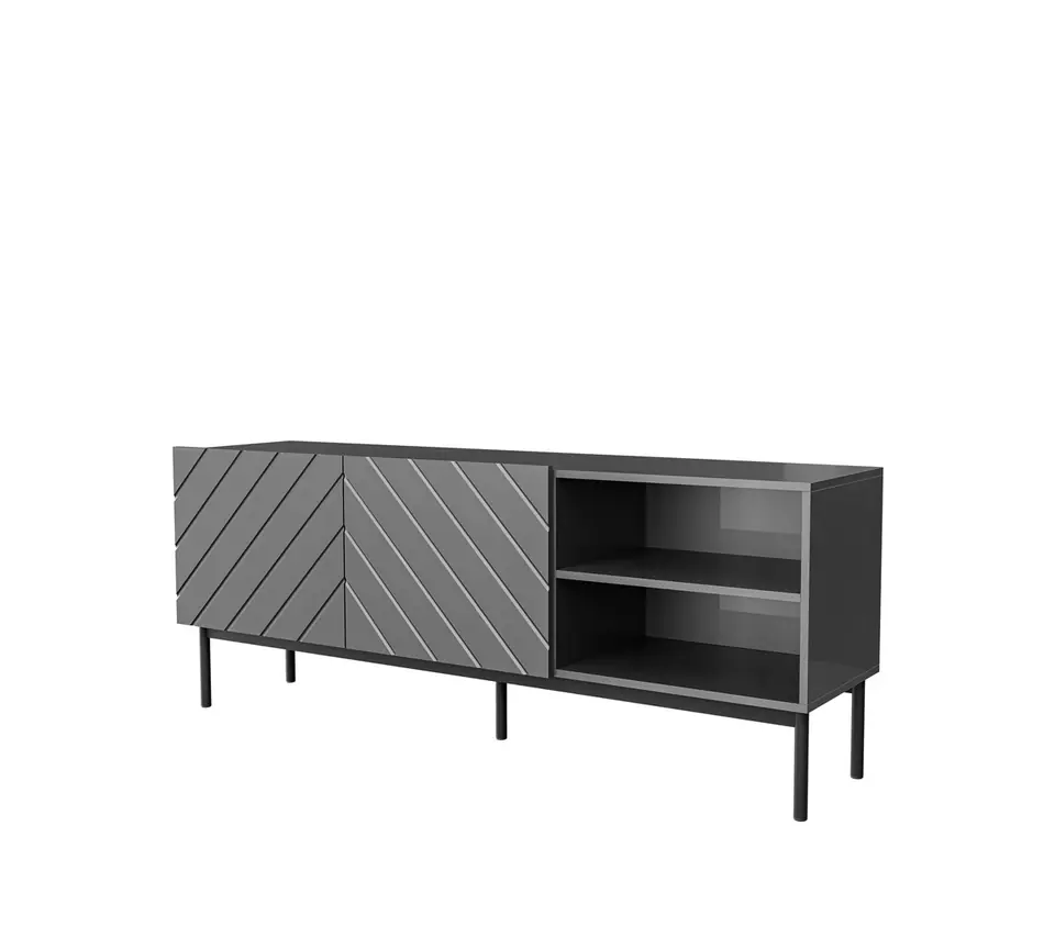 ⁨ABETO RTV cabinet on black steel frame 150x42x60 cm graphite/glossy graphite⁩ at Wasserman.eu