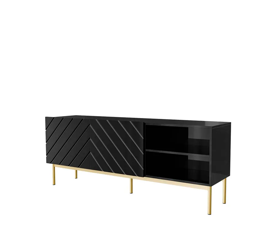 ⁨ABETO RTV cabinet on golden steel frame 150x42x60 black/gloss black⁩ at Wasserman.eu