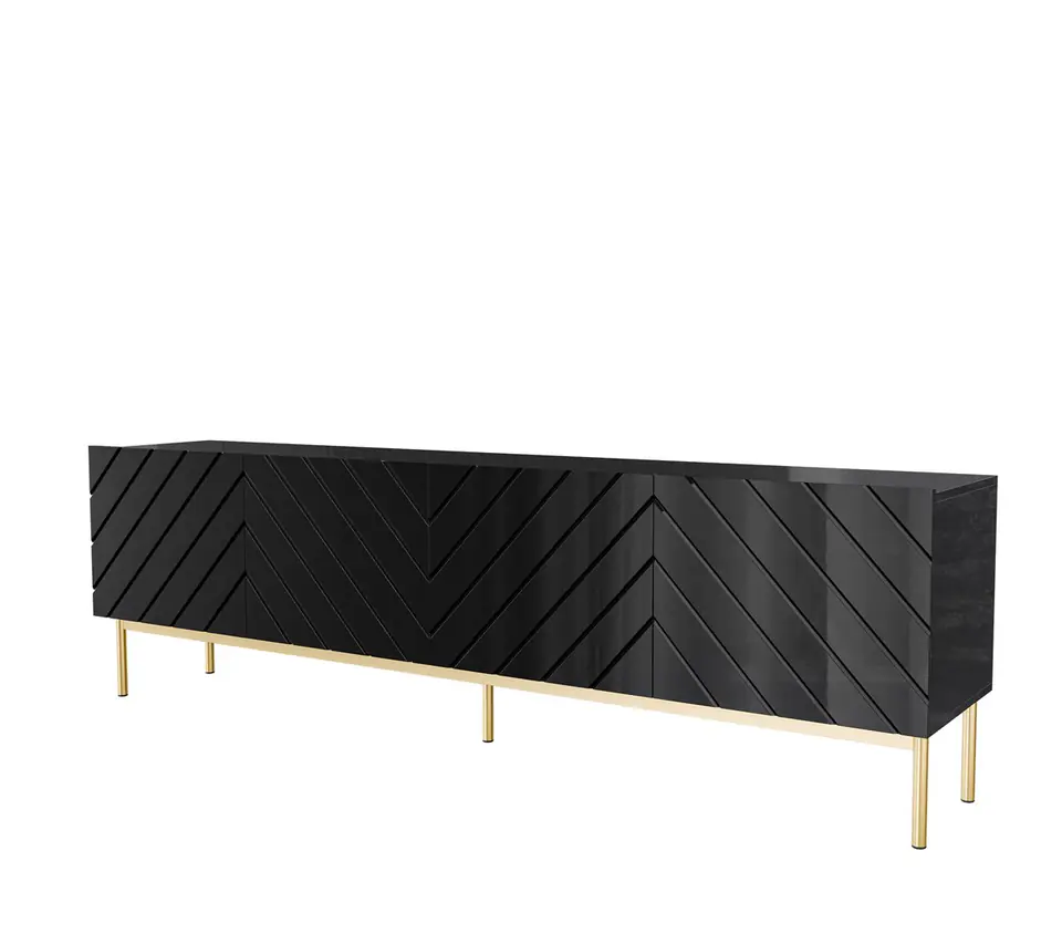 ⁨ABETO RTV cabinet on golden steel frame 200x42x60 black/gloss black⁩ at Wasserman.eu