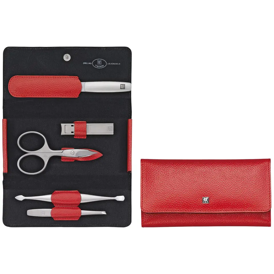 ⁨Zestaw podróżny do manicure ZWILLING 97092-002-0 Twinox – czerwone, skórzane etui, 5 elementów⁩ w sklepie Wasserman.eu