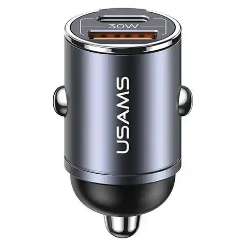 ⁨Ładowarka Samochodowa 30W PD USB-C + USB Fas Charge Z Wbudowaym Pierścieniem USAMS C38 CC206CC01 (US-CC206) stalowa⁩ w sklepie Wasserman.eu