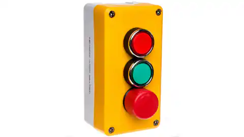 ⁨Kaseta sterownicza żółto-szara, 3 przyciski, kryty ziel. (1NO), kryty czer.(1NC), bezpieczeństwa 30 mm (1NC), T0-P3C1A2BE30⁩ w sklepie Wasserman.eu