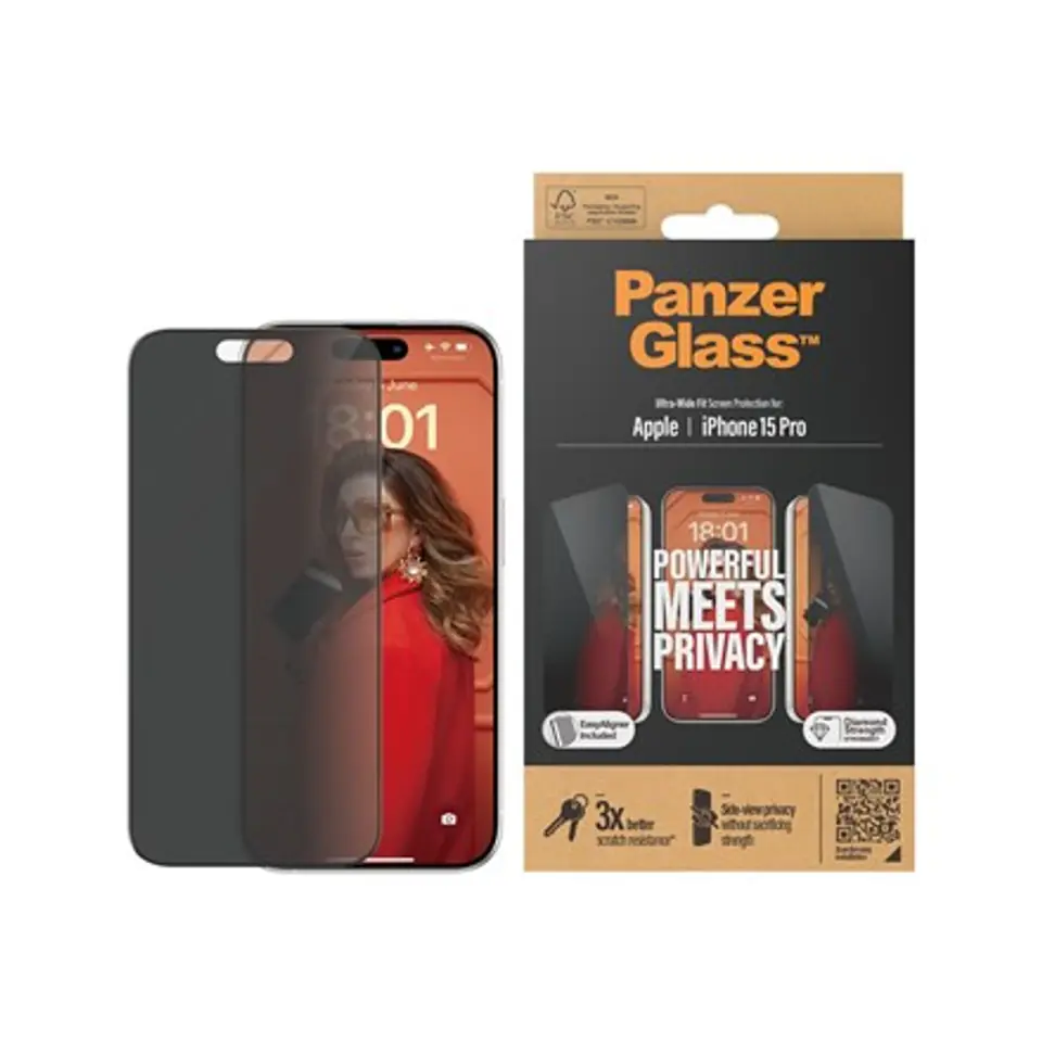 ⁨PanzerGlass | Screen protector - glass - with privacy filter | Apple iPhone 15 Pro | Glass | Black | Transparent⁩ w sklepie Wasserman.eu