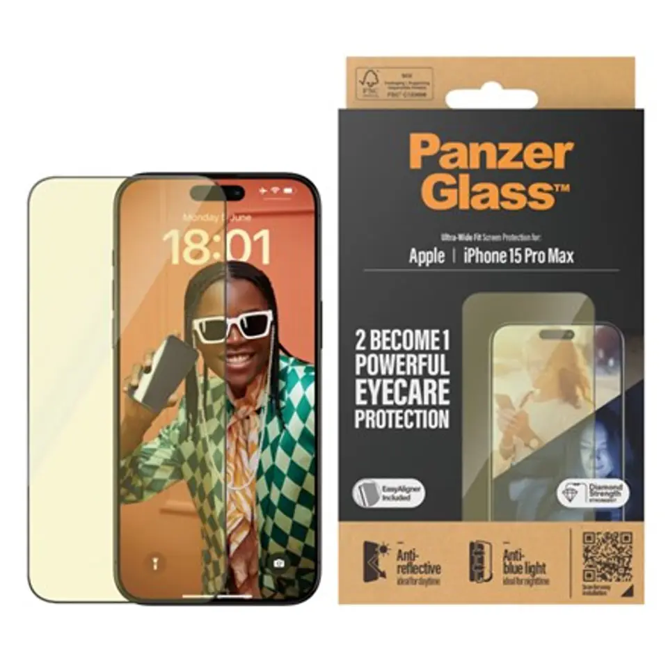⁨PanzerGlass | Screen protector | Apple | iPhone 15 Pro Max | Glass | Clear | Ultra-Wide Fit; Easy installation; Fingerprint resistant; Anti-blue light; Anti-reflective; Anti-yellowing | Eyecare⁩ w sklepie Wasserman.eu