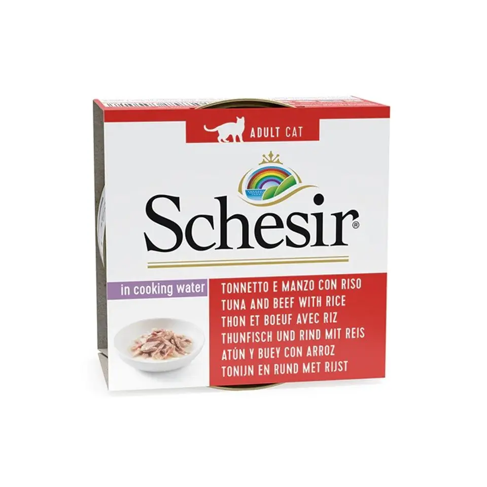 ⁨SCHESIR in cooking water Tuna with beef and rice - wet cat food - 85 g⁩ at Wasserman.eu