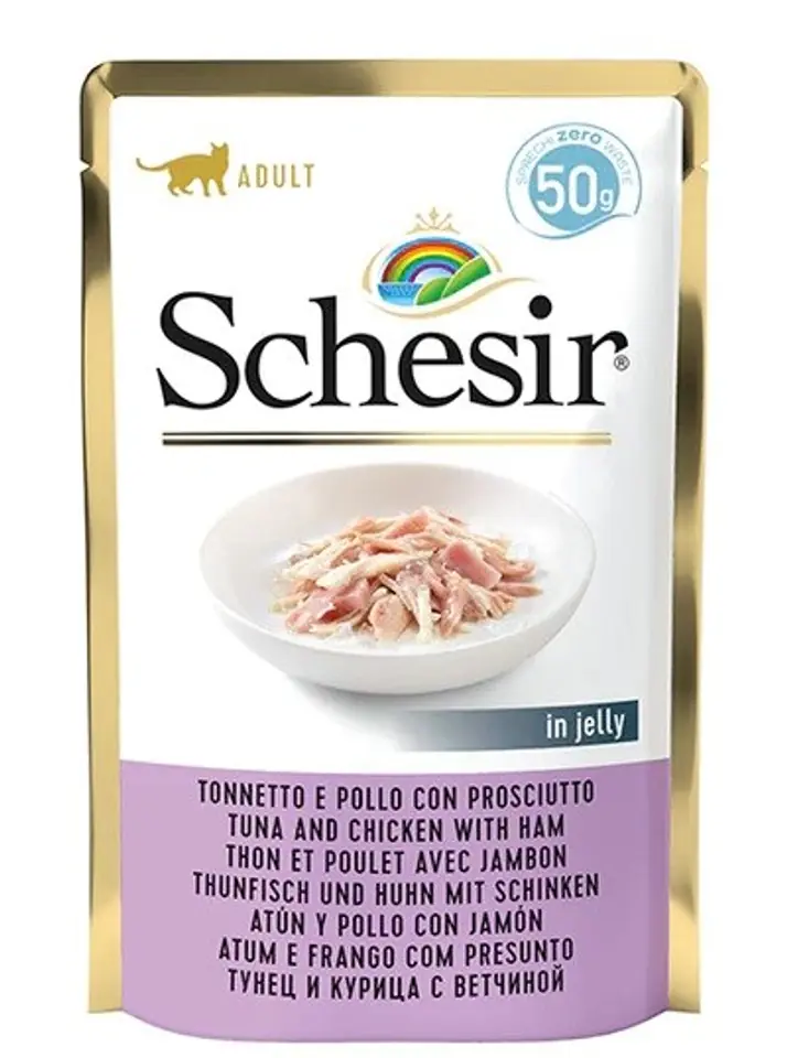 ⁨SCHESIR dla kotów Single Dish Tuńczyk z Kurczakiem i Szynką 50g⁩ w sklepie Wasserman.eu
