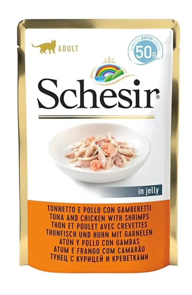 ⁨SCHESIR dla kotów Single Dish Tuńczyk z Kurczakiem i Krewetkami 50g⁩ w sklepie Wasserman.eu