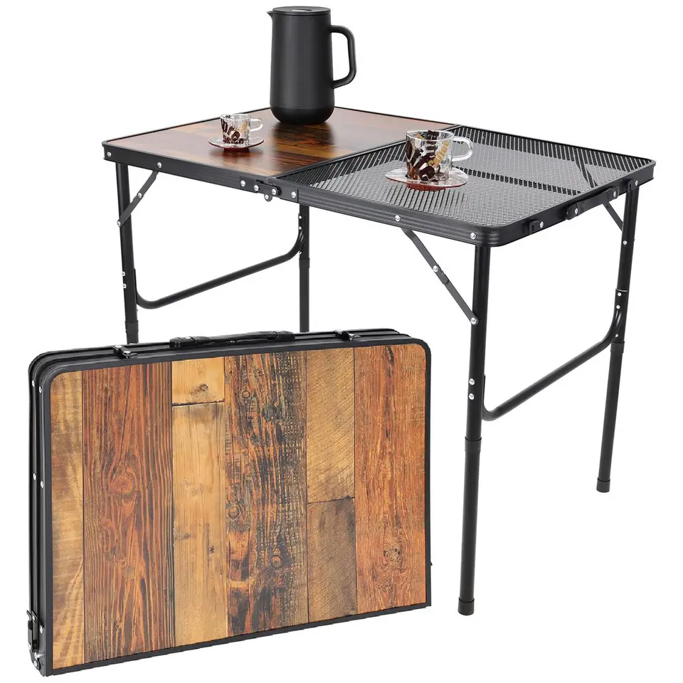 ⁨STOLIK TURYSTYCZNY SKŁADANY KEMPINGOWY 90X60X36-68CM SIATKA STALOWA DREWNO⁩ w sklepie Wasserman.eu