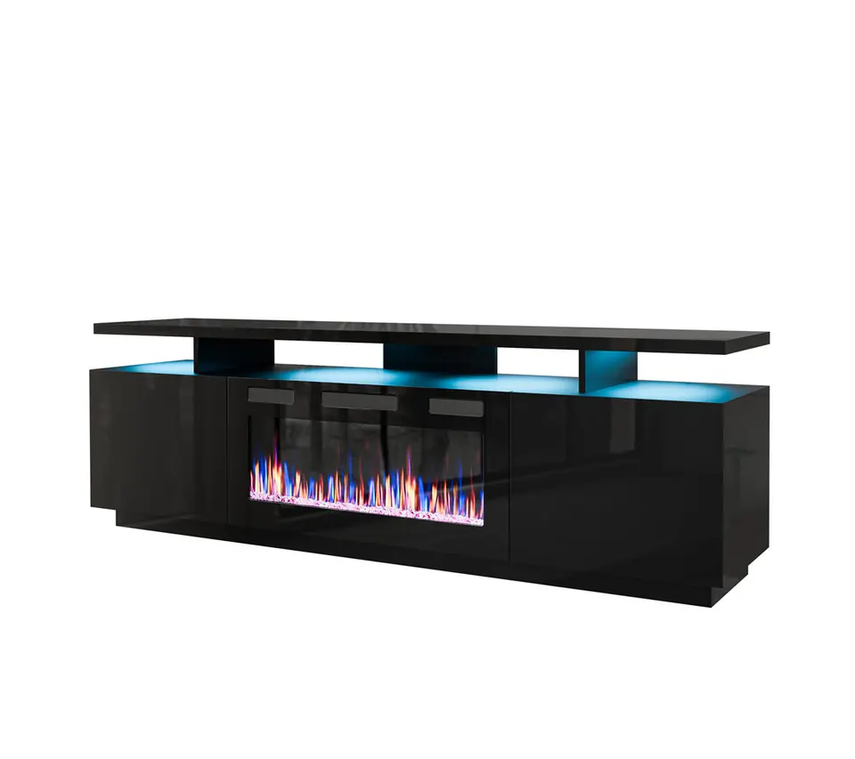 Szafka RTV EVA z kominkiem elektrycznym 180x40x52 czarny/czarny połysk w sklepie Wasserman.eu