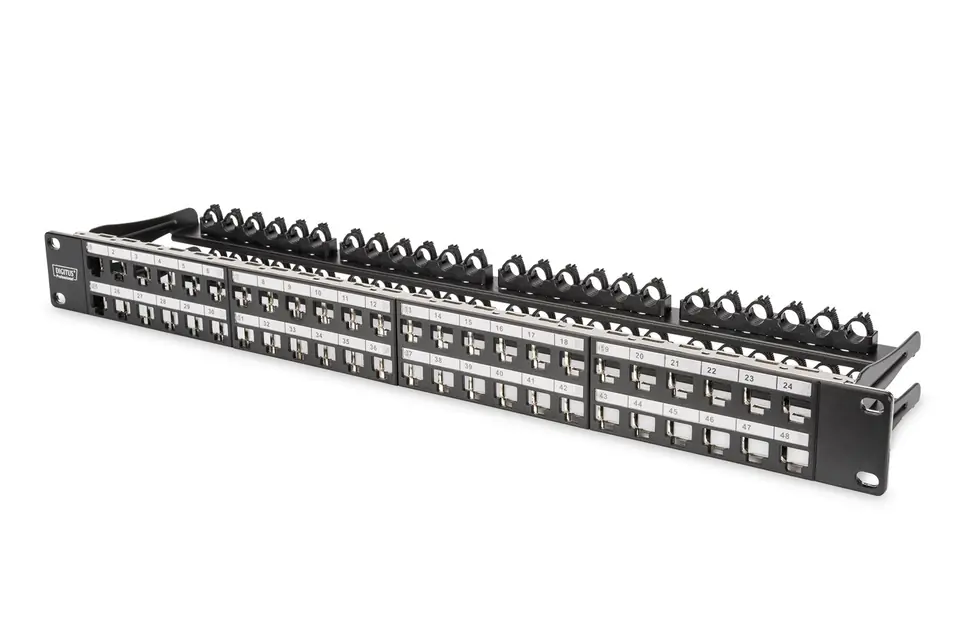 ⁨Panel krosowy high density 19" 48x keystone, ekranowany, 1U, czarny, prowadnica kabli,pola opisowe⁩ w sklepie Wasserman.eu