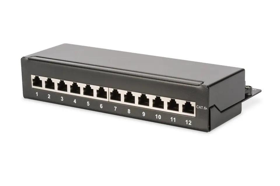 ⁨Digitus Panel krosowy (patch panel) desktop (biurkowy) 12x RJ45, LSA poziom, kat.6A, ekranowany, czarny, prowadnica kabli⁩ w sklepie Wasserman.eu