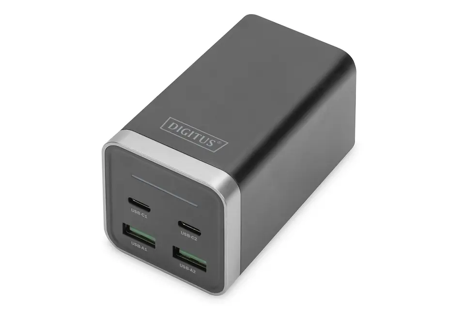 ⁨Ładowarka sieciowa uniwersalna zasilacz GaN 4 porty 2x USB-C 2x USB-A PD 3.0 65W czarna⁩ w sklepie Wasserman.eu