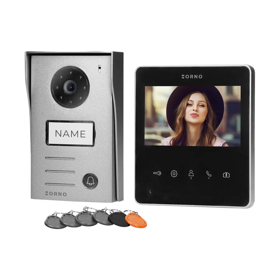 ⁨Zestaw wideodomofonowy 2-żyłowy bezsłuchawkowy, kolor, 4,3" LCD,  z czytnikiem breloków zbliżeniowych, czarny, NAOS RFID⁩ w sklepie Wasserman.eu
