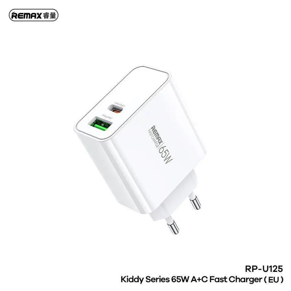 ⁨Ładowarka Sieciowa 65W USB + USB-C Remax Kiddy Series RP-U125 biała⁩ w sklepie Wasserman.eu