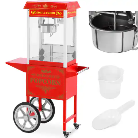 ⁨Profesjonalna maszyna do popcornu na wózku z oświetleniem RETRO 88 l 1600 W czerwona⁩ w sklepie Wasserman.eu