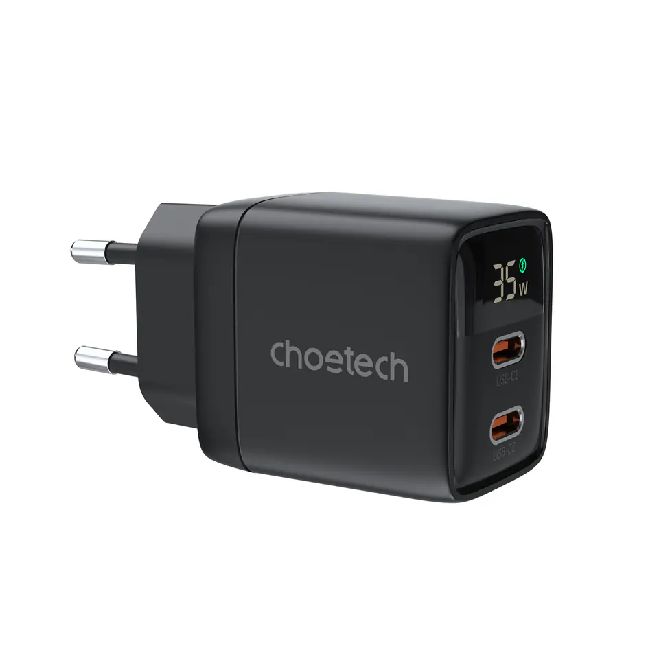 ⁨Mała mocna ładowarka sieciowa GaN 2x USB-C PD 35W z wyświetlaczem czarna⁩ w sklepie Wasserman.eu