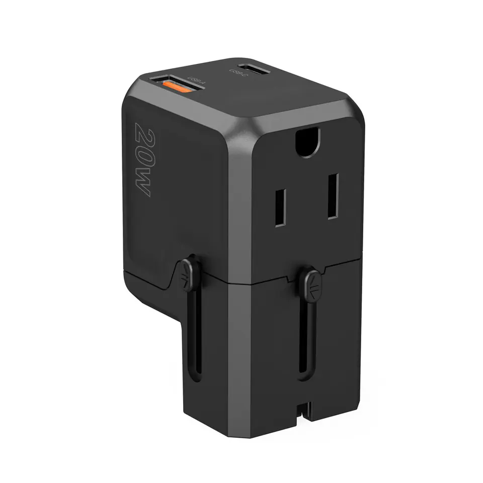 ⁨Uniwersalna ładowarka podróżna USB-C USB-A PD 20W wtyczki USA EU UK AU czarna⁩ w sklepie Wasserman.eu